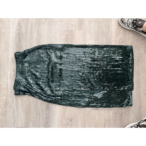 H&M Mermaidcore Fairycore Dark Green Sequin Midi Skirt, Front Slit Bodycon Sz 2 - Picture 3 of 10